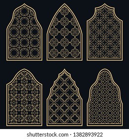 Set of 6 windows with geometric ornament in arabian style. Traditional arabic or islamic ornamental windows in gold and black. Isolated design elements for invitation, greeting card