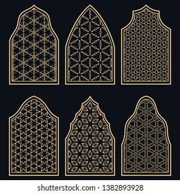 Set of 6 windows with geometric ornament in arabian style. Traditional arabic or islamic ornamental windows in gold and black. Isolated design elements for invitation, greeting card