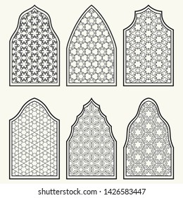 Set of 6 windows with geometric ornament in arabian style. Traditional arabic or islamic ornamental windows in black and white. Isolated design elements for invitation, greeting card, coloring page