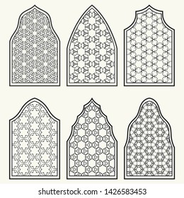 Set of 6 windows with geometric ornament in arabian style. Traditional arabic or islamic ornamental windows in black and white. Isolated design elements for invitation, greeting card, coloring page