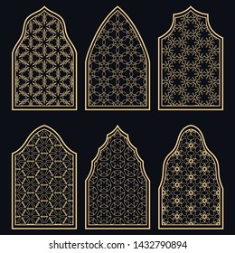 Set of 6 windows with geometric ornament in arabian style. Traditional arabic or islamic ornamental windows in gold and black. Isolated design elements for invitation, greeting card