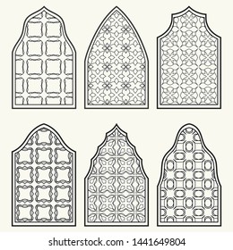 Set of 6 windows with geometric ornament in arabian style. Traditional arabic or islamic ornamental windows in black and white. Isolated design elements for invitation, greeting card, coloring page
