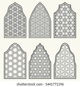 Set of 6 windows with geometric ornament in arabian style. Traditional arabic or islamic ornamental windows in black and white. Isolated design elements for invitation, greeting card, coloring page
