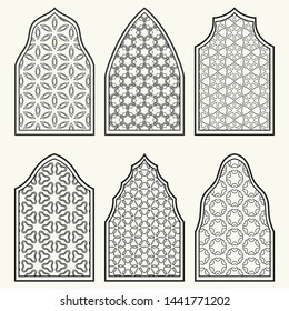 Set of 6 windows with geometric ornament in arabian style. Traditional arabic or islamic ornamental windows in black and white. Isolated design elements for invitation, greeting card, coloring page