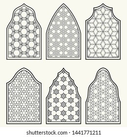 Set of 6 windows with geometric ornament in arabian style. Traditional arabic or islamic ornamental windows in black and white. Isolated design elements for invitation, greeting card, coloring page