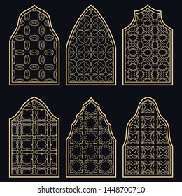 Set of 6 windows with geometric ornament in arabian style. Traditional arabic or islamic ornamental windows in gold and black. Isolated design elements for invitation, greeting card