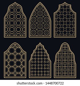 Set of 6 windows with geometric ornament in arabian style. Traditional arabic or islamic ornamental windows in gold and black. Isolated design elements for invitation, greeting card