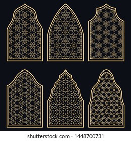 Set of 6 windows with geometric ornament in arabian style. Traditional arabic or islamic ornamental windows in gold and black. Isolated design elements for invitation, greeting card