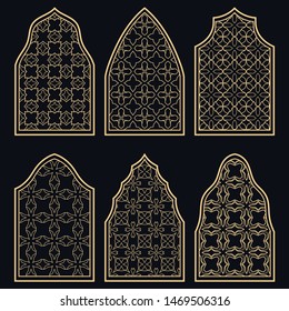 Set of 6 windows with geometric ornament in arabian style. Traditional arabic or islamic ornamental windows in gold and black. Isolated design elements for invitation, greeting card