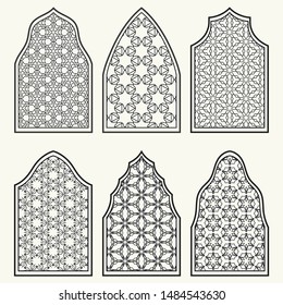 Set of 6 windows with geometric ornament in arabian style. Traditional arabic or islamic ornamental windows in black and white. Isolated design elements for invitation, greeting card, coloring page