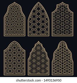 Set of 6 windows with geometric ornament in arabian style. Traditional arabic or islamic ornamental windows in gold and black. Isolated design elements for invitation, greeting card