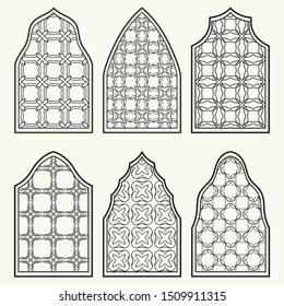 Set of 6 windows with geometric ornament in arabian style. Traditional arabic or islamic ornamental windows in black and white. Isolated design elements for invitation, greeting card, coloring page