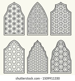 Set of 6 windows with geometric ornament in arabian style. Traditional arabic or islamic ornamental windows in black and white. Isolated design elements for invitation, greeting card, coloring page