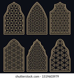 Set of 6 windows with geometric ornament in arabian style. Traditional arabic or islamic ornamental windows in gold and black. Isolated design elements for invitation, greeting card