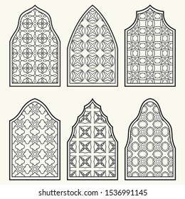 Set of 6 windows with geometric ornament in arabian style. Traditional arabic or islamic ornamental windows in black and white. Isolated design elements for invitation, greeting card, coloring page