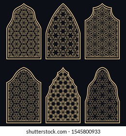 Set of 6 windows with geometric ornament in arabian style. Traditional arabic or islamic ornamental windows in gold and black. Isolated design elements for invitation, greeting card