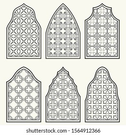 Set of 6 windows with geometric ornament in arabian style. Traditional arabic or islamic ornamental windows in black and white. Isolated design elements for invitation, greeting card, coloring page