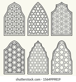 Set of 6 windows with geometric ornament in arabian style. Traditional arabic or islamic ornamental windows in black and white. Isolated design elements for invitation, greeting card, coloring page