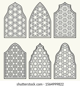 Set of 6 windows with geometric ornament in arabian style. Traditional arabic or islamic ornamental windows in black and white. Isolated design elements for invitation, greeting card, coloring page