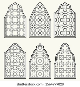 Set of 6 windows with geometric ornament in arabian style. Traditional arabic or islamic ornamental windows in black and white. Isolated design elements for invitation, greeting card, coloring page