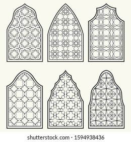 Set of 6 windows with geometric ornament in arabian style. Traditional arabic or islamic ornamental windows in black and white. Isolated design elements for invitation, greeting card, coloring page