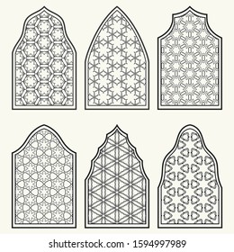 Set of 6 windows with geometric ornament in arabian style. Traditional arabic or islamic ornamental windows in black and white. Isolated design elements for invitation, greeting card, coloring page