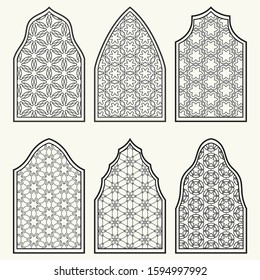 Set of 6 windows with geometric ornament in arabian style. Traditional arabic or islamic ornamental windows in black and white. Isolated design elements for invitation, greeting card, coloring page