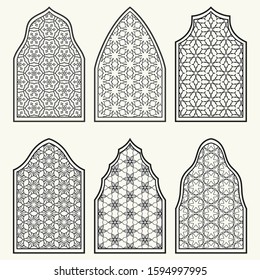 Set of 6 windows with geometric ornament in arabian style. Traditional arabic or islamic ornamental windows in black and white. Isolated design elements for invitation, greeting card, coloring page