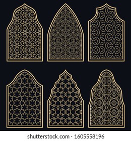 Set of 6 windows with geometric ornament in arabian style. Traditional arabic or islamic ornamental windows in gold and black. Isolated design elements for invitation, greeting card