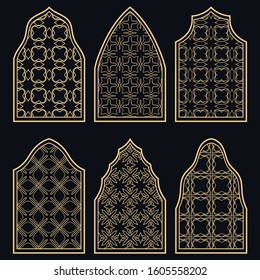 Set of 6 windows with geometric ornament in arabian style. Traditional arabic or islamic ornamental windows in gold and black. Isolated design elements for invitation, greeting card