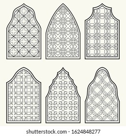 Set of 6 windows with geometric ornament in arabian style. Traditional arabic or islamic ornamental windows in black and white. Isolated design elements for invitation, greeting card, coloring page