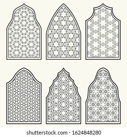 Set of 6 windows with geometric ornament in arabian style. Traditional arabic or islamic ornamental windows in black and white. Isolated design elements for invitation, greeting card, coloring page