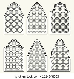 Set of 6 windows with geometric ornament in arabian style. Traditional arabic or islamic ornamental windows in black and white. Isolated design elements for invitation, greeting card, coloring page