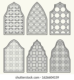 Set of 6 windows with geometric ornament in arabian style. Traditional arabic or islamic ornamental windows in black and white. Isolated design elements for invitation, greeting card, coloring page