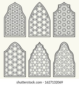 Set of 6 windows with geometric ornament in arabian style. Traditional arabic or islamic ornamental windows in black and white. Isolated design elements for invitation, greeting card, coloring page