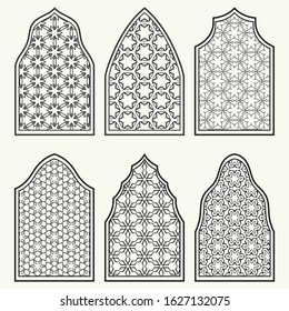 Set of 6 windows with geometric ornament in arabian style. Traditional arabic or islamic ornamental windows in black and white. Isolated design elements for invitation, greeting card, coloring page