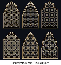 Set of 6 windows with geometric ornament in arabian style. Traditional arabic or islamic ornamental windows in gold and black. Isolated design elements for invitation, greeting card
