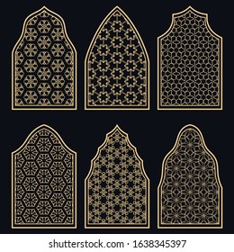 Set of 6 windows with geometric ornament in arabian style. Traditional arabic or islamic ornamental windows in gold and black. Isolated design elements for invitation, greeting card