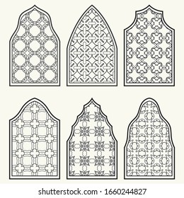 Conjunto de 6 ventanas con decoración geométrica de estilo árabe. Ventanas ornamentales arábigas o islámicas tradicionales en blanco y negro. Elementos de diseño aislados para invitación, tarjeta de felicitación, página de coloreado