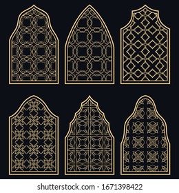 Set of 6 windows with geometric ornament in arabian style. Traditional arabic or islamic ornamental windows in gold and black. Isolated design elements for invitation, greeting card