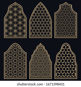 Ensemble de 6 fenêtres aux motifs géométriques de style arabe. Vitraux ornementaux traditionnels arabes ou islamiques en or et noir. Éléments de conception isolés pour invitation, carte de voeux