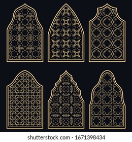 Set of 6 windows with geometric ornament in arabian style. Traditional arabic or islamic ornamental windows in gold and black. Isolated design elements for invitation, greeting card