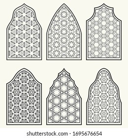 Set of 6 windows with geometric ornament in arabian style. Traditional arabic or islamic ornamental windows in black and white. Isolated design elements for invitation, greeting card, coloring page