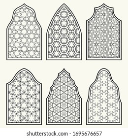 Set of 6 windows with geometric ornament in arabian style. Traditional arabic or islamic ornamental windows in black and white. Isolated design elements for invitation, greeting card, coloring page
