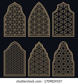 Conjunto de 6 ventanas con decoración geométrica de estilo árabe. Ventanas ornamentales arábigas o islámicas tradicionales en oro y negro. Elementos de diseño aislados para invitación, tarjeta de felicitación