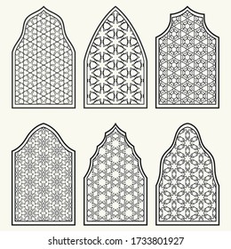 Set of 6 windows with geometric ornament in arabian style. Traditional arabic or islamic ornamental windows in black and white. Isolated design elements for invitation, greeting card, coloring page