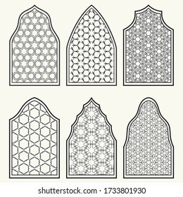 Conjunto de 6 ventanas con ornamento geométrico de estilo árabe. Ventanas ornamentales arábigas o islámicas tradicionales en blanco y negro. Elementos de diseño aislados para invitación, tarjeta de saludo, página de coloreado