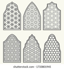 Set of 6 windows with geometric ornament in arabian style. Traditional arabic or islamic ornamental windows in black and white. Isolated design elements for invitation, greeting card, coloring page