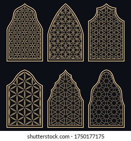 Set of 6 windows with geometric ornament in arabian style. Traditional arabic or islamic ornamental windows in gold and black. Isolated design elements for invitation, greeting card