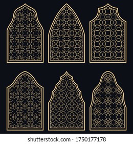 Set of 6 windows with geometric ornament in arabian style. Traditional arabic or islamic ornamental windows in gold and black. Isolated design elements for invitation, greeting card